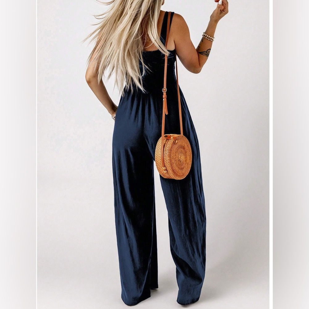 Shirred Navy Blue Wide Leg Jumpsuit With Pockets - Picture 2 of 9